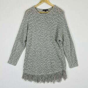 Saks Fifth Avenue Sweater Tunic Womens Medium Grey Marled Fringe Boho Coastal